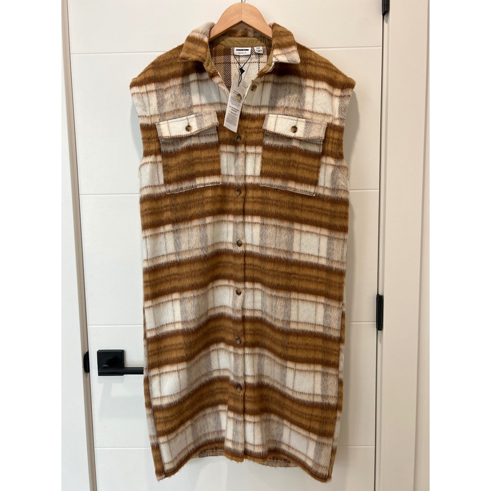 Noisy May NM Lulla Extra Long Plaid Vest Brown Cream Sleeveless Shacket NWT L